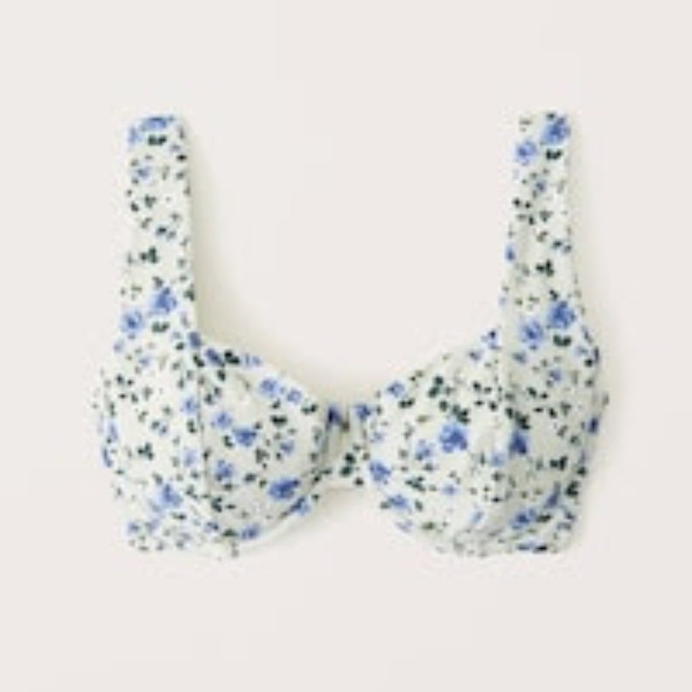 Abercrombie Curve Love Wide Strap Bikini Top X-Small Green w/ Blue Flowers